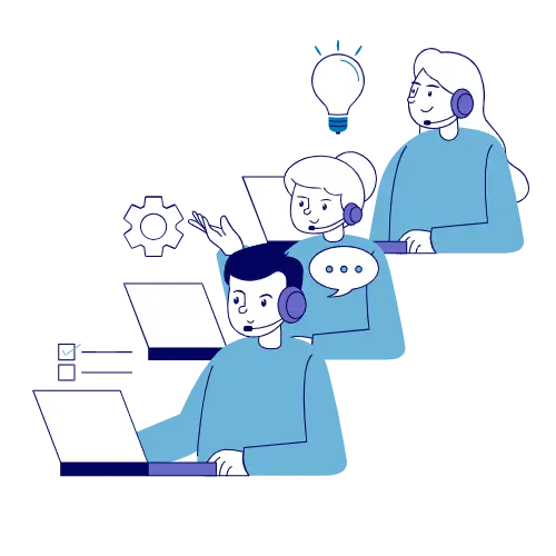 Three people with headsets working on laptops, representing customer support
